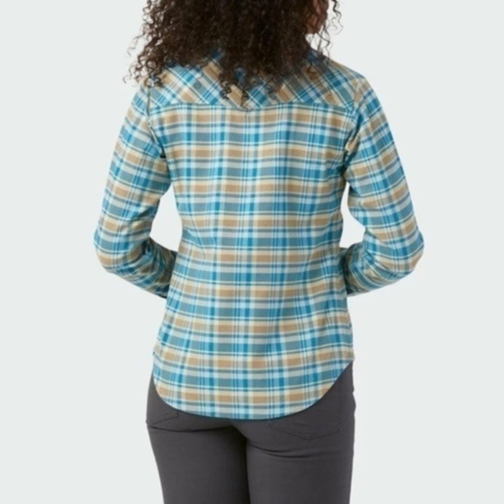 Stio Women’s Willow Midweight Fannel Shirt Size S Color Tan/Blue - Picture 2 of 12